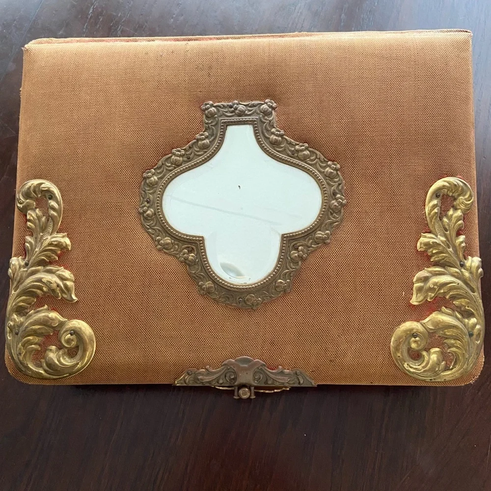 Antique 1894 Victorian Photo Album with Mirror, Built in Stand, Brass Accents